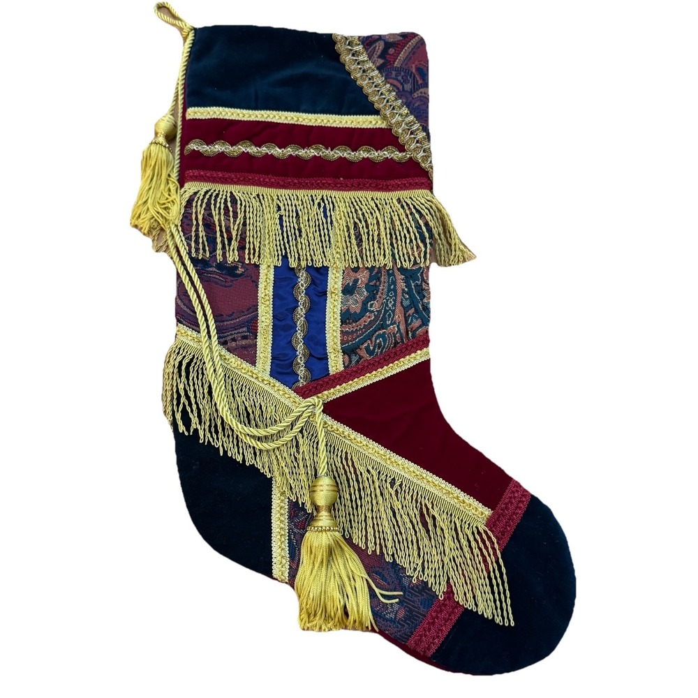 Victorian‎ Style Christmas Stocking Patchwork & Fringe 20" Tassels Navy Red Gold